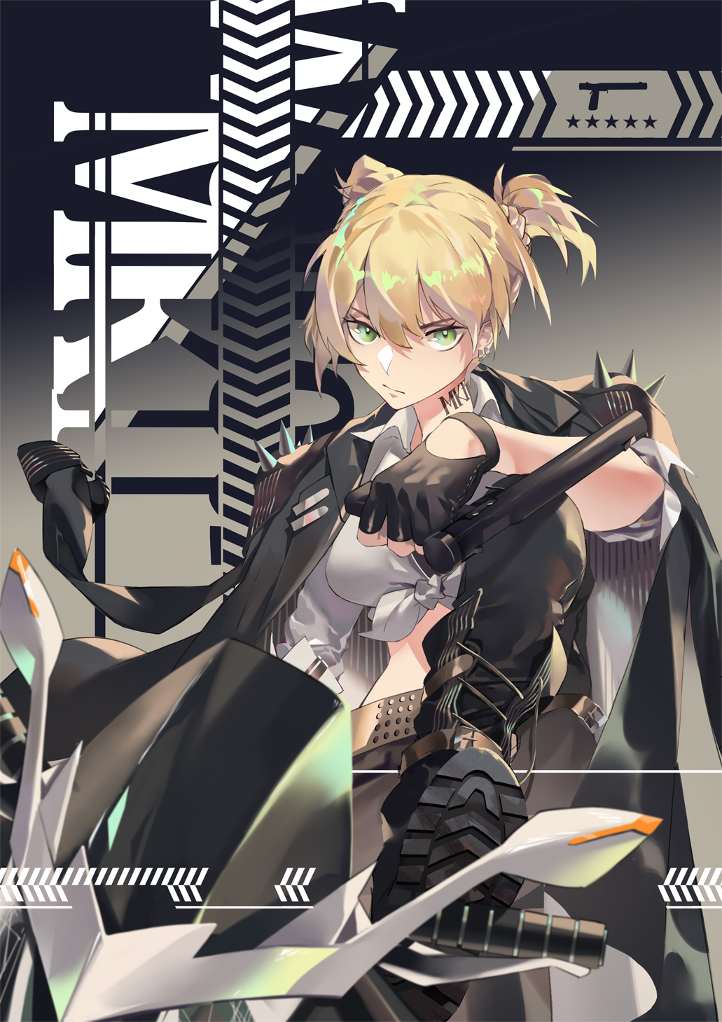 1girl alternate_costume belt blonde_hair boots character_name girls_frontline gloves green_eyes ground_vehicle gun highres jacket_on_shoulders jiji_(pixiv10646874) motor_vehicle motorcycle shoulder_spikes solo spikes supply_depot_hime twintails weapon welrod_mk2 welrod_mk2_(girls_frontline)