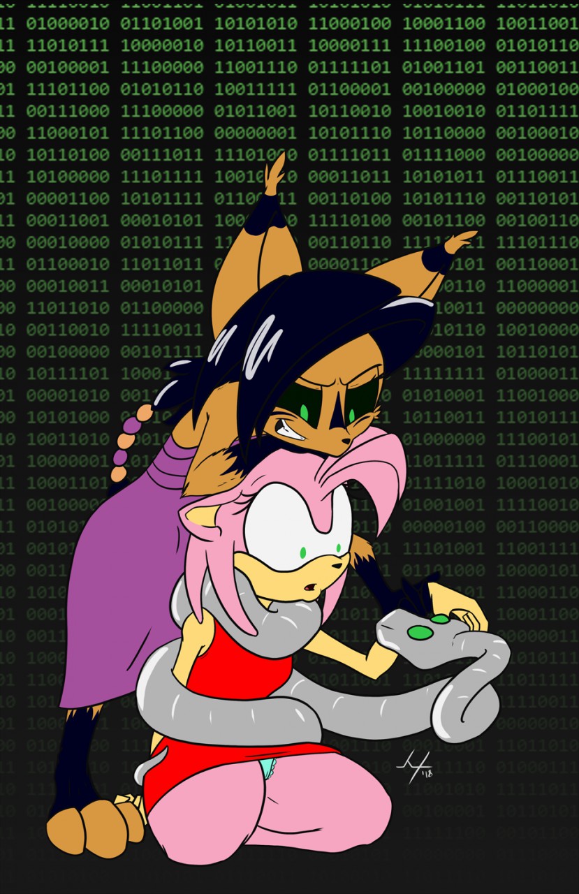 2015 amy_rose anthro black_hair clothing coiling computer digital_media_(artwork) dress female female_on_feral feral fur hair hi_res hypnofur hypnosis mind_control multicolored_body multicolored_fur nicole_the_lynx panties ponytail reptile scales scalie simple_background snake sonic_(series) spiral_eyes submissive submissive_female two_tone_body two_tone_fur underwear