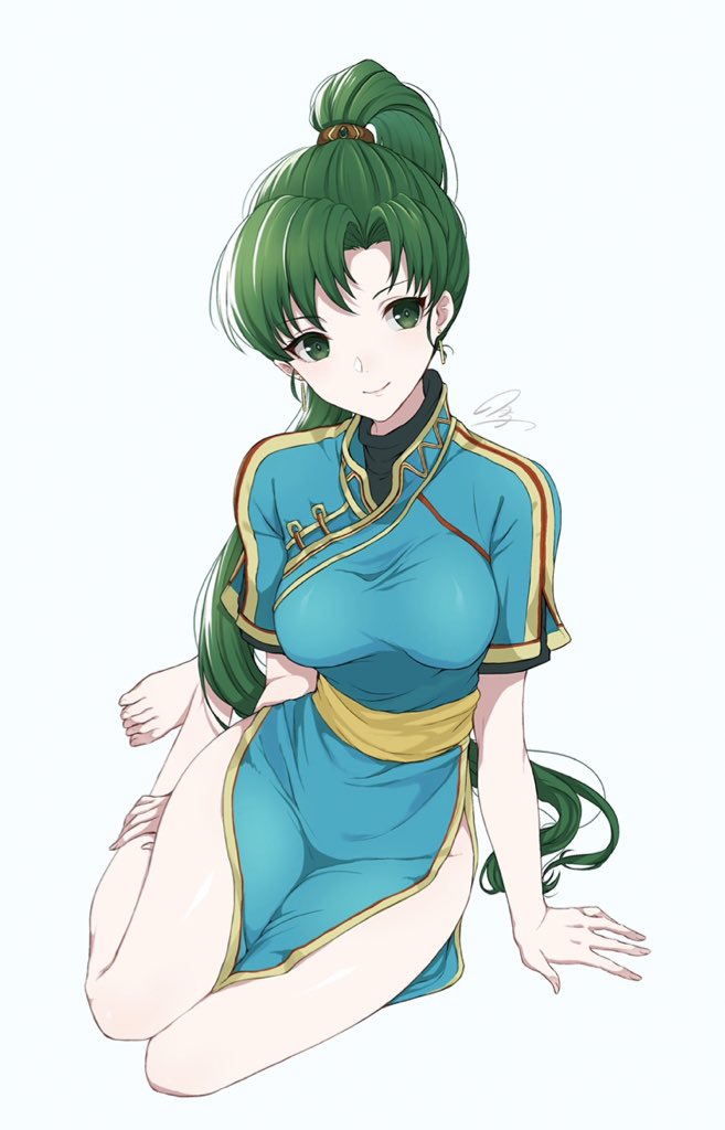 1girl akina_(akn_646) barefoot closed_mouth dress earrings fire_emblem fire_emblem:_the_blazing_blade full_body green_eyes green_hair jewelry long_hair lyn_(fire_emblem) ponytail short_sleeves side_slit simple_background sitting smile solo white_background