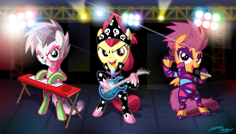 apple_bloom_(mlp) band clothing costume cub cutie_mark_crusaders_(mlp) earth_pony equid equine female friendship_is_magic guitar horn horse instrument_(disambiguation) keyboard_instrument makeup mammal microphone musical_instrument musical_keyboard my_little_pony plucked_string_instrument pony pterippus scootaloo_(mlp) show_stopper_outfits string_instrument sweetie_belle_(mlp) unicorn willdrawforfood1 wings young