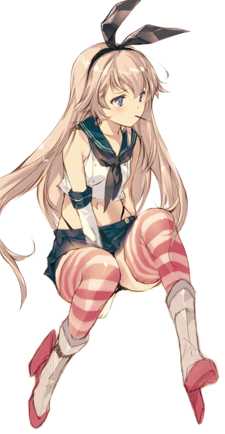 anchor anchor_hair_ornament black_panties crop_top elbow_gloves food food_in_mouth gloves hair_ornament hairband highleg highleg_panties kantai_collection microskirt min-naraken mouth_hold panties pocky pocky_day sailor_collar shimakaze_(kantai_collection) skirt striped striped_legwear thighhighs thong underwear white_gloves