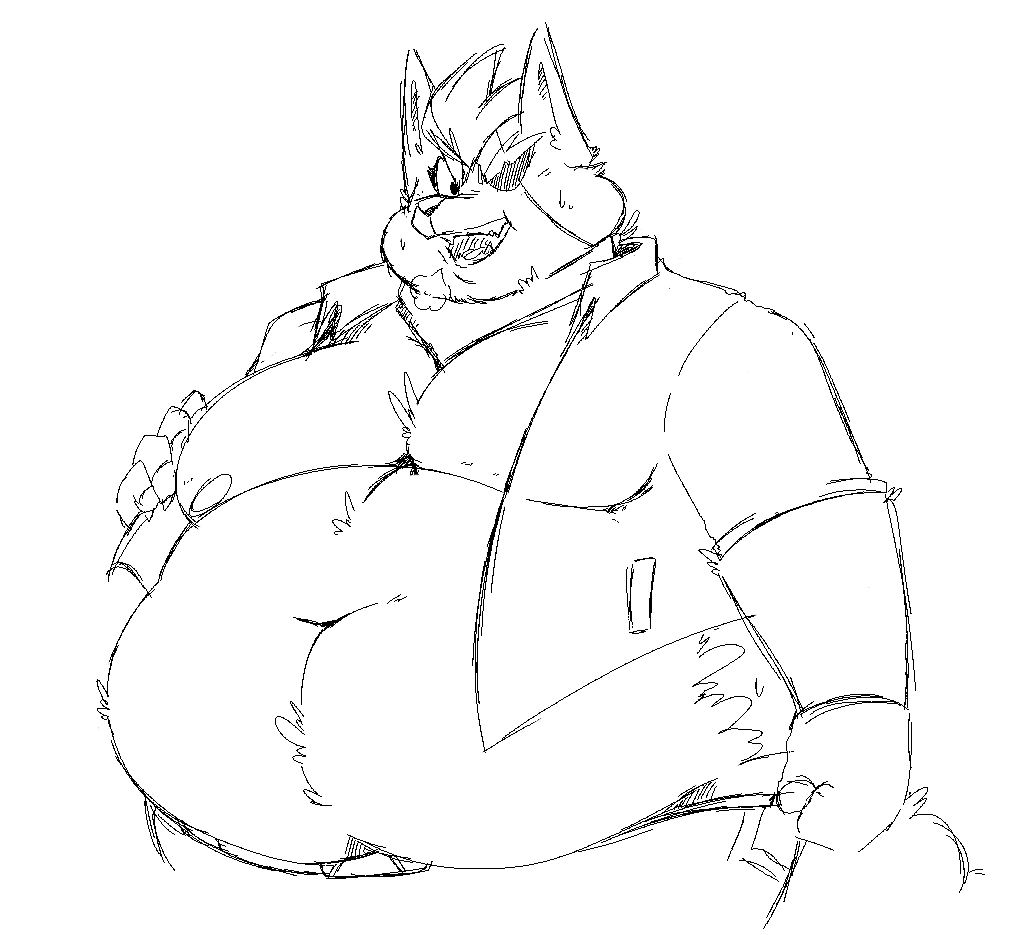 anthro belly big_belly black_and_white bodily_fluids breath canid canine canis chubby_cheeks claws clothed clothing eye_patch eyewear fur huff male mammal midriff monochrome moobs navel nintendo nipples obese obese_male open_mouth open_shirt open_smile overweight overweight_male shirt smile solo star_fox sweat sweatdrop topwear video_games wolf wolf_o'donnell zororinazoro