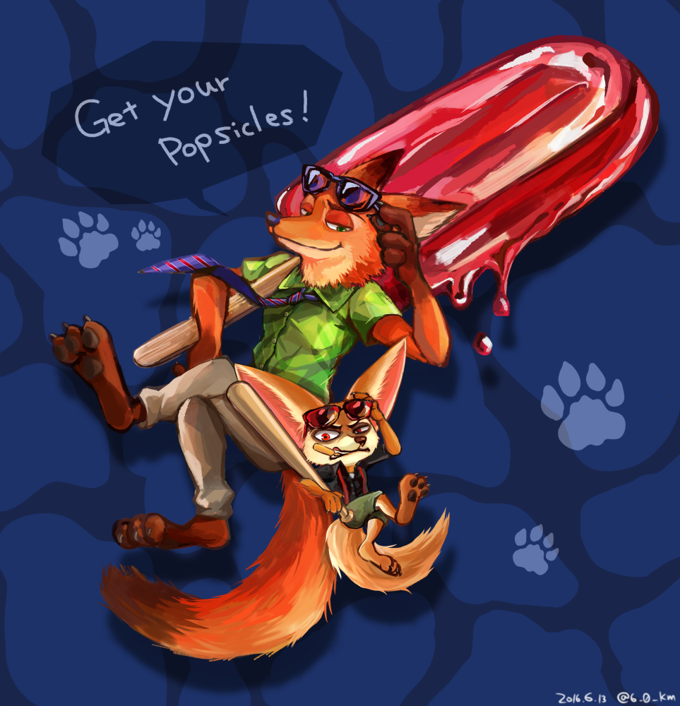 ! 2016 abstract_background barefoot baseball_bat bat_(object) big_ears blue_background bottomwear canid canine claws clothed clothing dialogue disney dripping english_text eyewear fennec finnick food fox fully_clothed fur holding_food holding_object mammal necktie nick_wilde orange_body orange_fur pants pawpads pawpsicle popsicle red_fox shirt simple_background speech_bubble sunglasses tan_body tan_fur text toe_claws topwear zootopia ろく