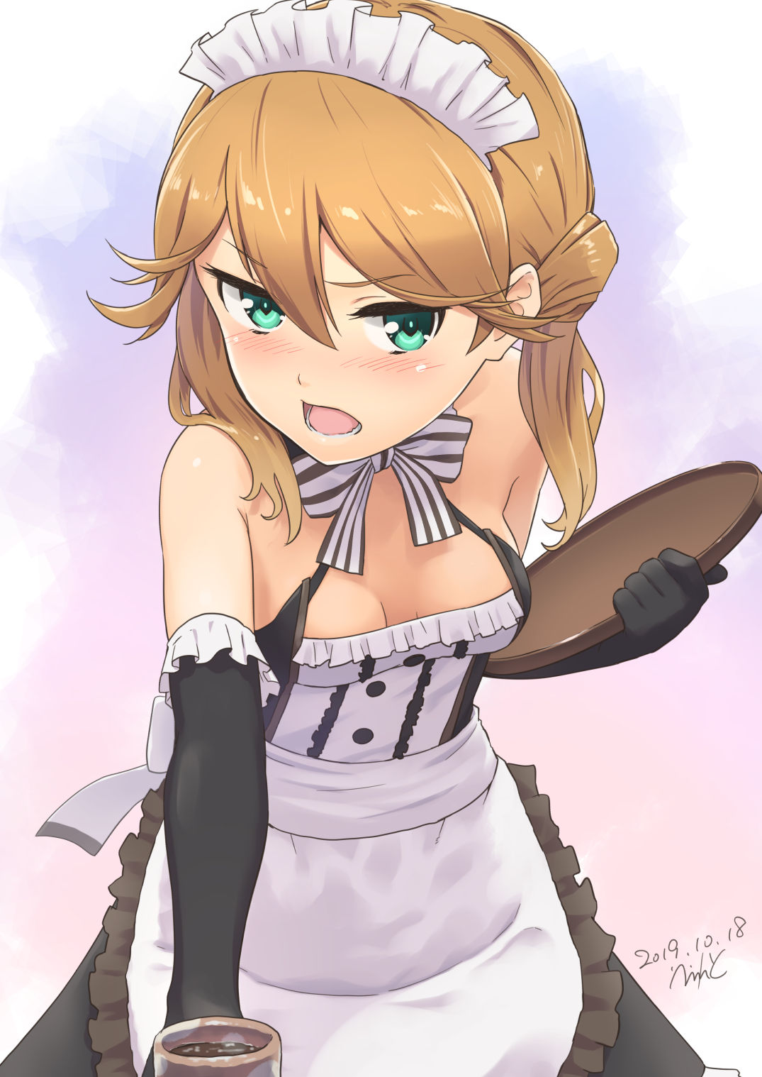 1girl alice_gear_aegis alternate_costume apron bangs bare_shoulders black_gloves blonde_hair blush bow breasts commentary_request elbow_gloves enmaided errant eyebrows_visible_through_hair gloves green_eyes hair_between_eyes hair_over_shoulder highres holding holding_tray kotomura_akane maid maid_apron maid_headdress open_mouth small_breasts solo tray waist_apron