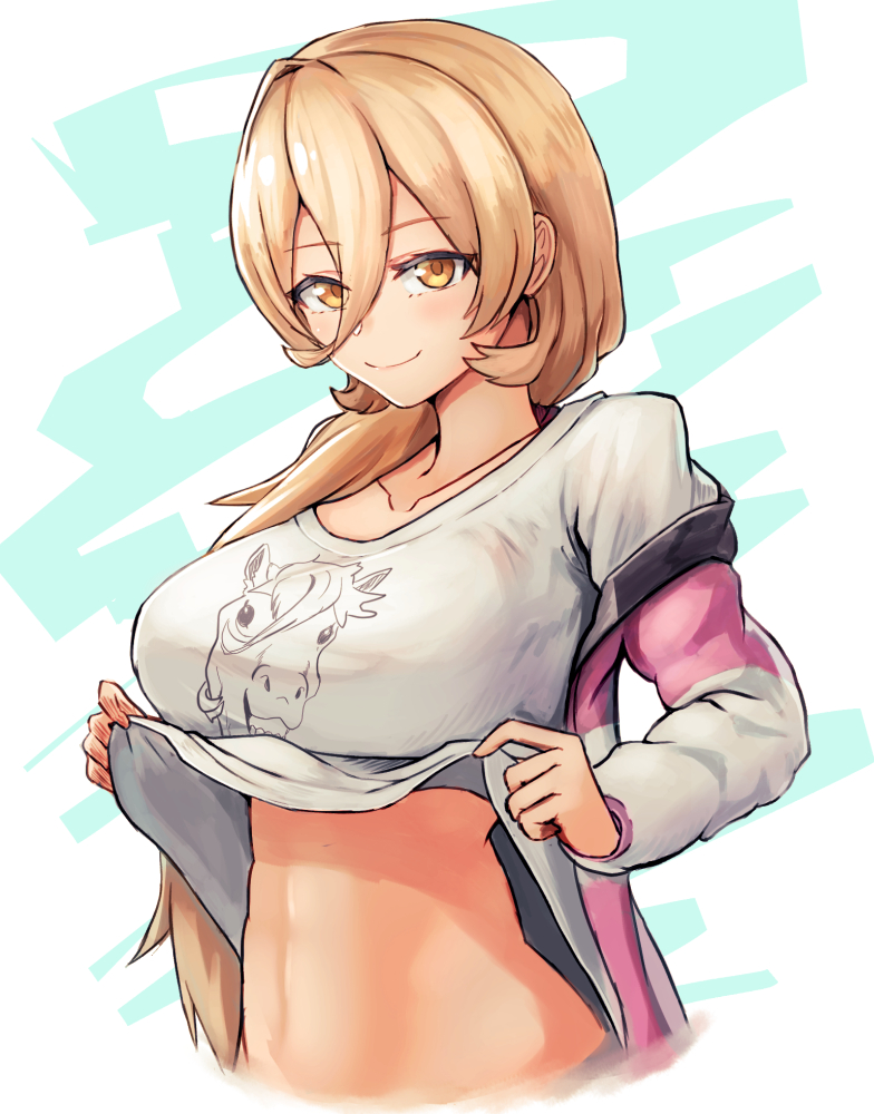 1girl blush breasts closed_mouth jacket large_breasts lifted_by_self light_brown_hair long_hair looking_at_viewer midriff moppo nijisanji nui_sociere off_shoulder pink_jacket print_shirt shirt shirt_lift simple_background smile solo upper_body very_long_hair virtual_youtuber white_shirt yellow_eyes