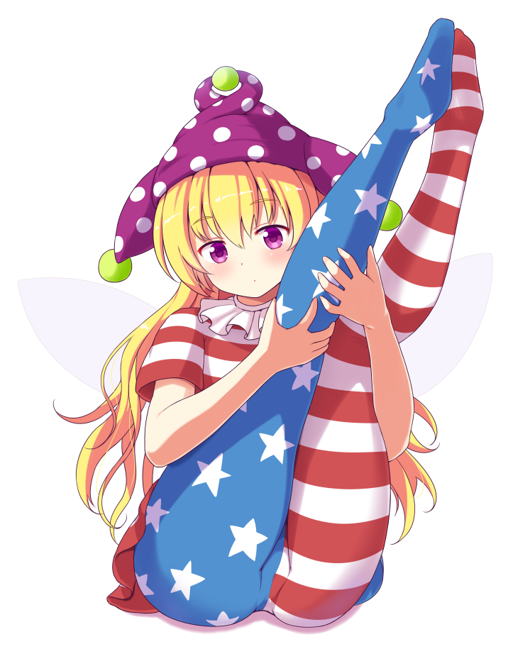 1girl american_flag_dress american_flag_legwear bangs blonde_hair blue_legwear blush clownpiece commentary_request dress eyebrows_visible_through_hair fairy_wings hair_between_eyes hat jester_cap legs_up long_hair looking_at_viewer neck_ruff no_shoes pantyhose partial_commentary phantom2071 polka_dot polka_dot_hat purple_eyes purple_headwear red_dress red_legwear short_sleeves simple_background sitting solo star star_print striped striped_dress striped_legwear thighs touhou white_background white_dress white_legwear wings