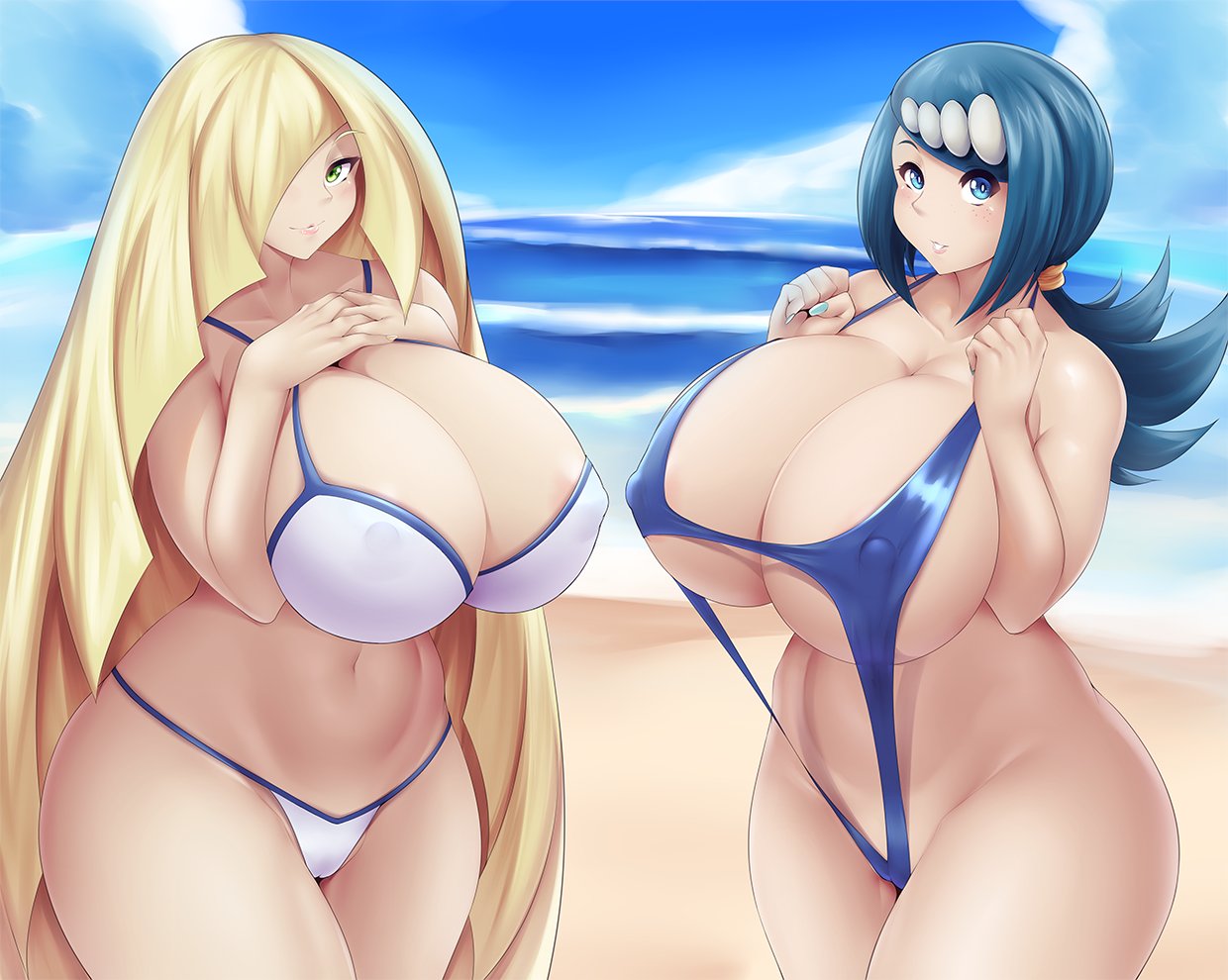 2girls areola_slip areolae arms_up bare_arms bare_legs bare_shoulders beach bikini blonde_hair blue_eyes blue_hair blush breasts cleavage closed_mouth cloud collarbone covered_nipples curvy eyebrows_visible_through_hair freckles green_eyes hair_ornament huge_breasts legs_together long_hair looking_at_viewer lusamine_(pokemon) mature mleonheart multiple_girls navel outdoors pokemon pokemon_(anime) pokemon_(game) pokemon_sm ponytail sky slingshot_swimsuit smile standing stomach suiren's_mother_(pokemon) swimsuit thick_thighs thighs white_bikini wide_hips