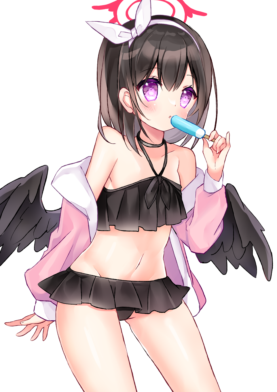 1girl bangs bikini black_bikini black_choker black_hair black_wings blue_archive choker collarbone eyebrows_visible_through_hair feathered_wings food groin hair_between_eyes hair_ribbon hairband halo hand_up highres holding holding_food ice_cream jacket long_sleeves mashiro_(blue_archive) navel off_shoulder open_clothes open_jacket pink_jacket puffy_long_sleeves puffy_sleeves purple_eyes ribbon shikito simple_background sleeves_past_wrists solo swimsuit white_background white_hairband white_ribbon wings