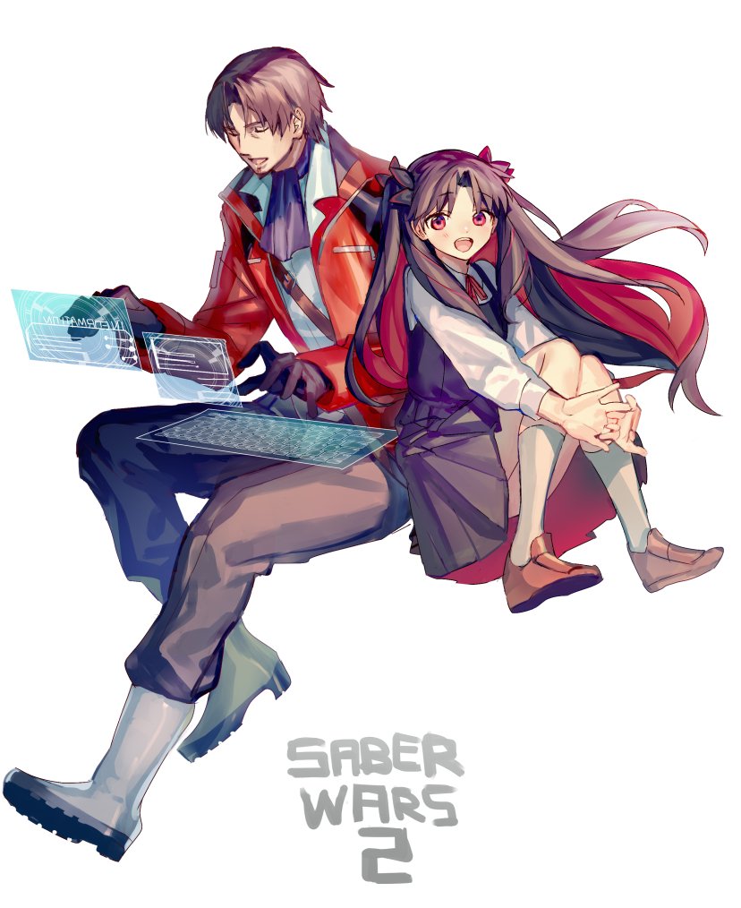 1boy 1girl black_gloves black_hair brown_hair facial_hair fate/grand_order fate_(series) father_and_daughter gloves goatee holographic_interface keyboard_(computer) leg_hug mebaru multicolored_hair red_eyes red_hair scarf school_uniform space_ishtar_(fate) toosaka_tokiomi two-tone_hair white_background