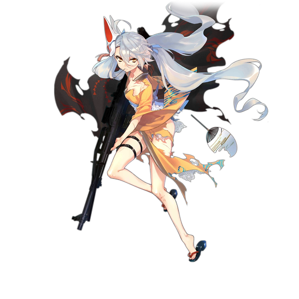 1girl ahoge alternate_costume bangs bare_legs closed_mouth fan floating_hair floral_background fox_mask full_body girls_frontline grey_hair gun hair_between_eyes holding holding_gun holding_weapon holster japanese_clothes kimono long_hair looking_at_viewer low_twintails machine_gun mask mask_on_head mouth_hold no_sense_of_shame official_art paper_fan pkp_(girls_frontline) pkp_pecheneg sandals silver_hair solo thigh_holster thigh_strap toothpick torn_clothes torn_kimono transparent_background tsurime twintails uchiwa very_long_hair weapon yellow_eyes yellow_kimono yukata