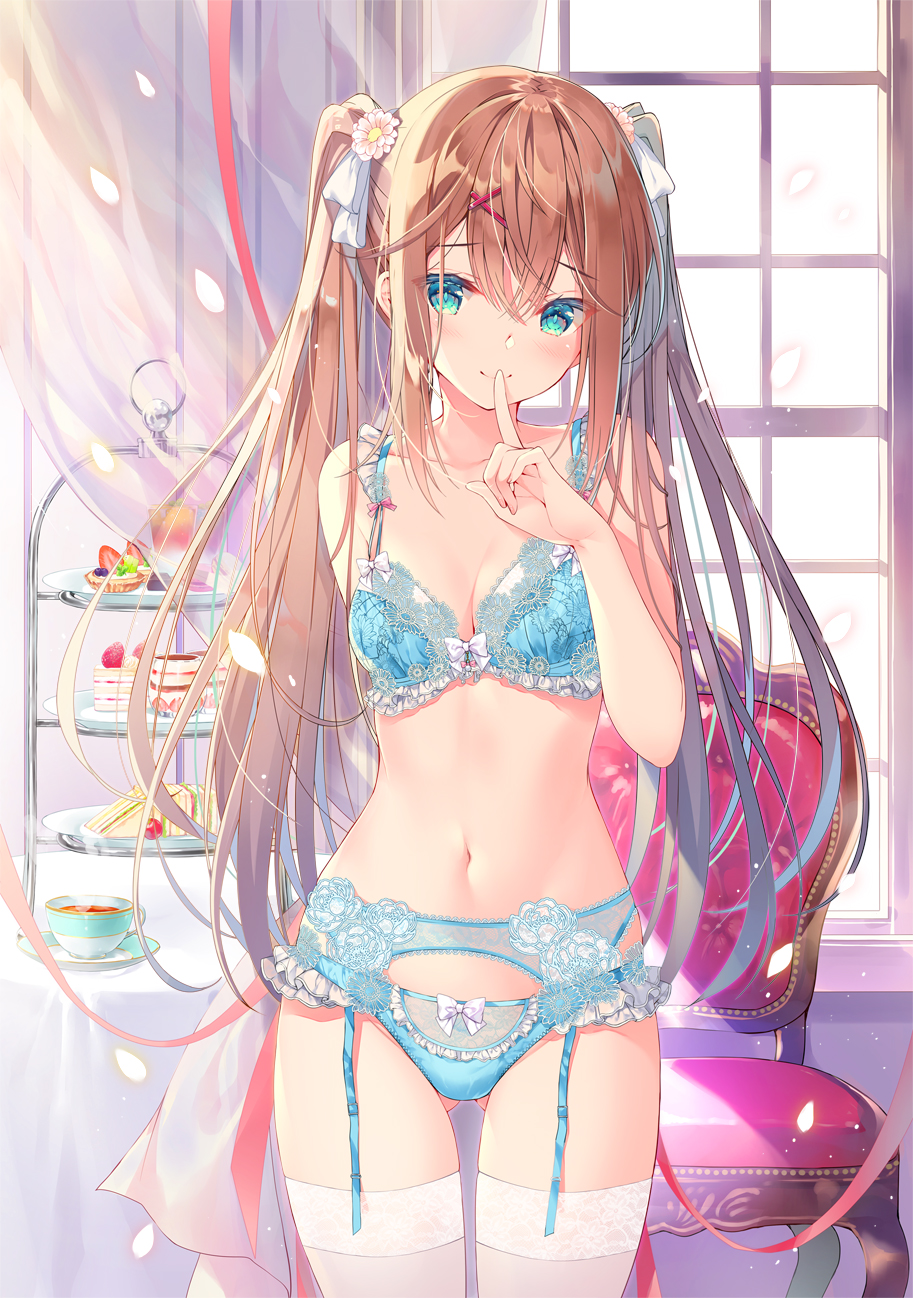 1girl aqua_eyes ass_visible_through_thighs bare_arms bare_shoulders blue_bra blue_panties bra breasts brown_hair cake chair cleavage closed_mouth collarbone commentary cowboy_shot cup curtains finger_to_mouth flower food frills garter_belt hair_flower hair_ornament hair_ribbon highres index_finger_raised indoors lace lace-trimmed_bra lace-trimmed_garter_belt lace-trimmed_legwear lace-trimmed_panties lace_trim lingerie long_hair looking_at_viewer medium_breasts miwabe_sakura navel original panties petals ribbon rose saucer shushing slice_of_cake smile solo stomach table tea teacup thighhighs tiered_tray twintails underwear underwear_only white_legwear window x_hair_ornament