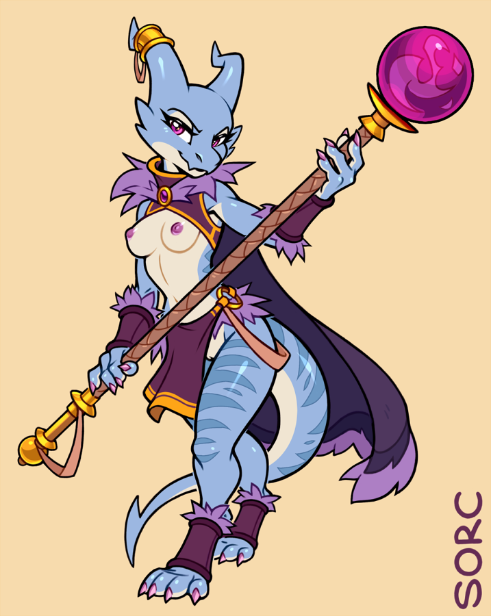 anthro blue_body blue_scales breasts cape clothed clothing female horn horn_jewelry kobold loincloth magic_user nipples pussy scales scalie solo sorcerushorserus staff