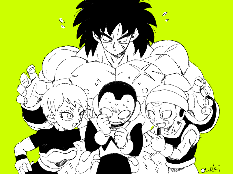 1girl 3boys :o armor black_eyes black_hair broly_(dragon_ball_super) cheelai chest_scar clenched_hands collarbone commentary_request cowering d: dragon_ball dragon_ball_super_broly expressionless eyelashes facial_scar fingernails flying_sweatdrops ginga_patrol_jaco gloves green_background hand_on_another's_back hand_on_another's_shoulder hand_on_hip hands_up hat height_difference jaco_(ginga_patrol_jaco) lemo_(dragon_ball) looking_at_another looking_down messy_hair monochrome multiple_boys muscle nervous nipples open_mouth outsuki parted_lips pointing scar scar_on_cheek scared shirtless short_hair simple_background smile spot_color standing sweat sweatdrop twitter_username upper_body very_short_hair white_gloves wristband