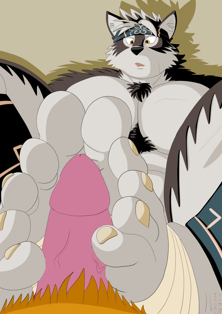 2019 5_toes anthro barefoot biped canid canine canis digital_media_(artwork) feet feet_on_cock foot_fetish foot_focus footjob fur hi_res horkeukamui humanoid_feet lu123 male mammal muscular nude open_mouth penis sex simple_background soles solo toes tokyo_afterschool_summoners video_games wolf