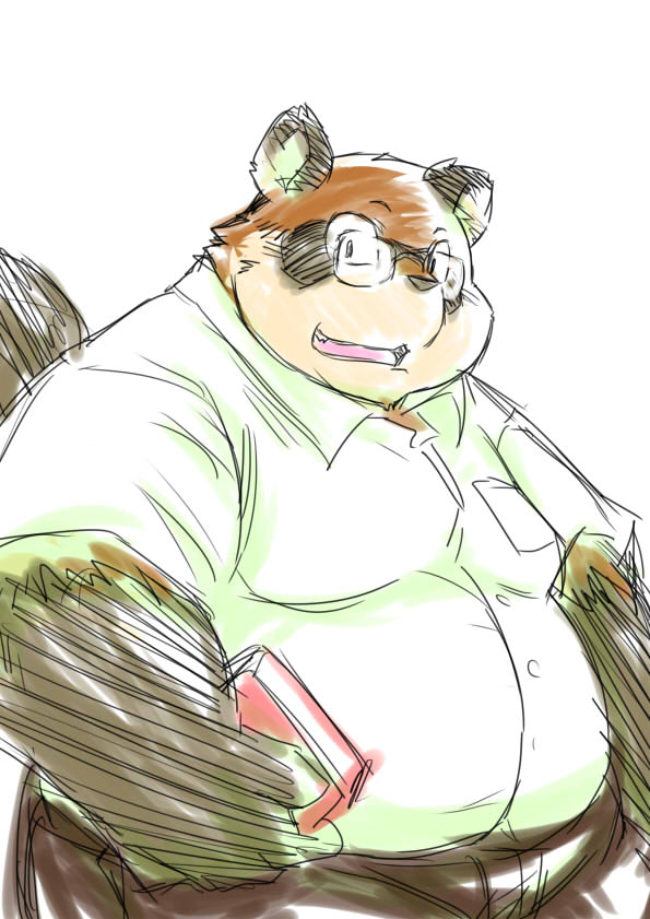 anthro belly black_body black_fur book brown_body brown_fur canid canine chiro_(artist) clothed clothing eyewear fur glasses holding_book holding_object male mammal moobs open_mouth open_smile overweight overweight_male raccoon_dog smile solo tan_body tan_fur tanuki