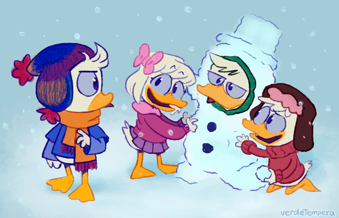 anatid anseriform avian bird clothing cub dewey_duck disney duck ducktales ducktales_(2017) huey_duck louie_duck snow snowman verdetempera webby_vanderquack young