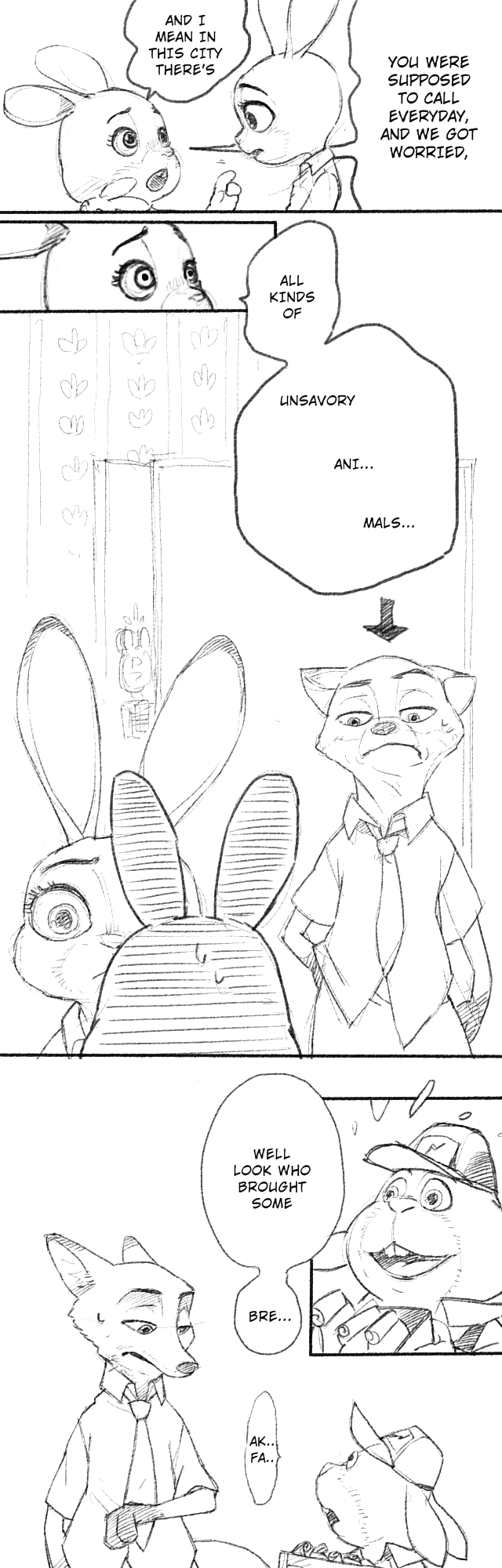 anthro black_and_white bodily_fluids bonnie_hopps canid canine comic dialogue disney edit english_text fox group hard_translated hi_res holding_object inside judy_hopps lagomorph leporid mammal monochrome nammy nick_wilde rabbit red_fox speech_bubble stu_hopps sweat sweatdrop text translated zootopia