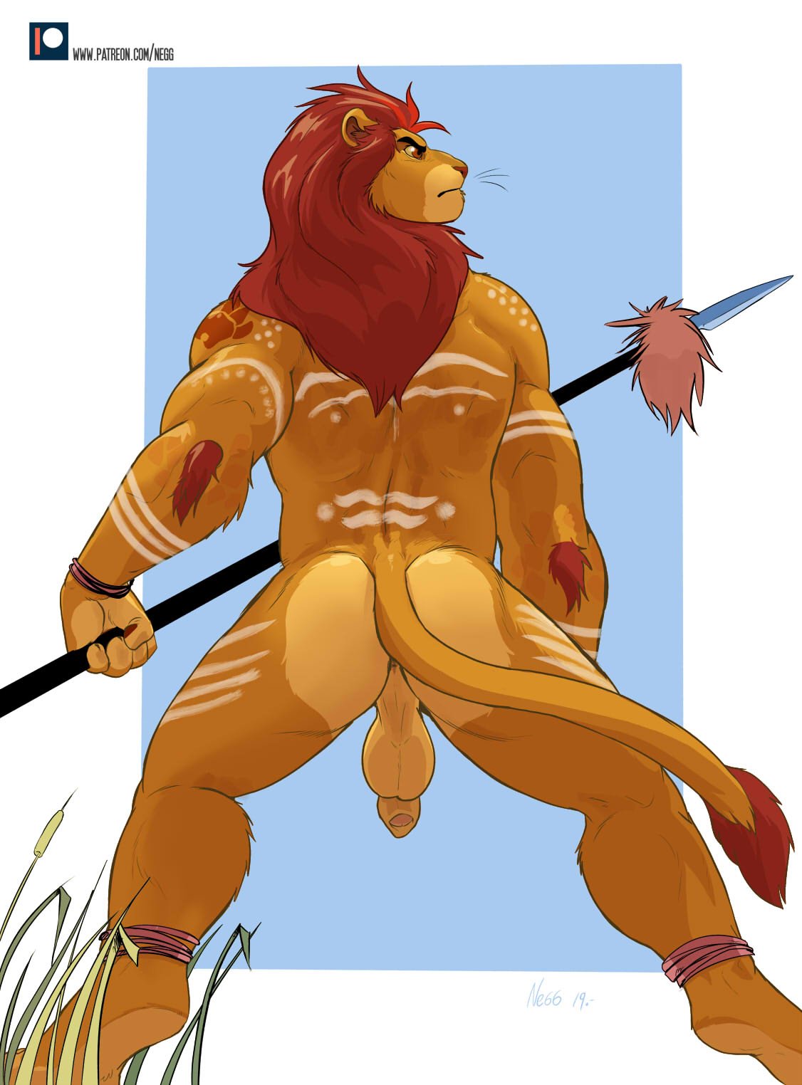 2019 anthro anthrofied backsack balls butt disney felid fur hair hi_res humanoid_penis kion lion mammal markings melee_weapon negger nude pantherine penis polearm rear_view red_eyes red_hair simple_background spear standing the_lion_guard the_lion_king weapon yellow_body yellow_fur