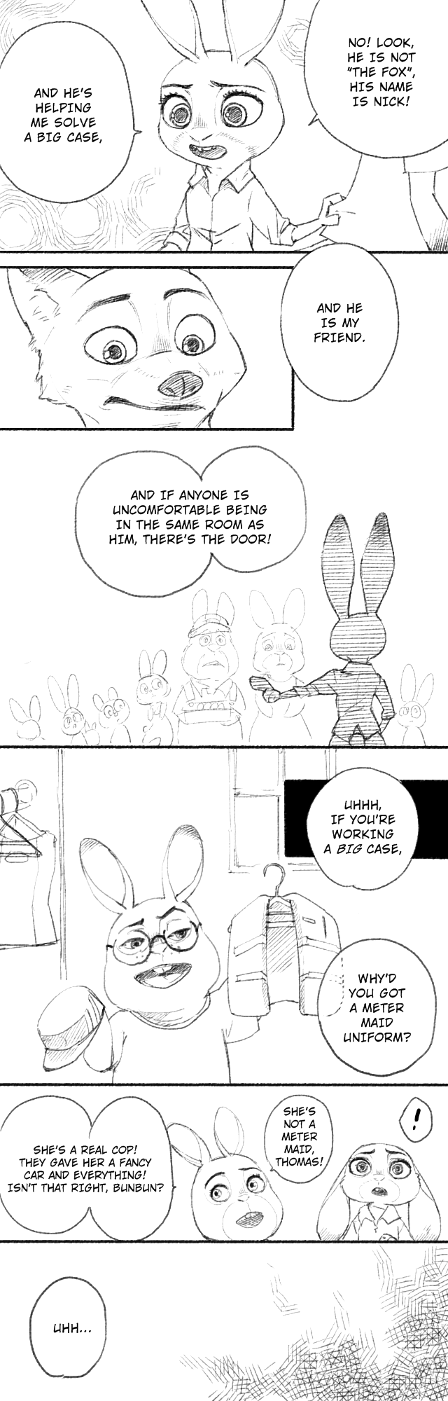 ambiguous_gender black_and_white bonnie_hopps canid canine comic crowd cub dialogue disney edit english_text eyewear fox glasses group hard_translated hi_res inside judy_hopps lagomorph leporid mammal monochrome nammy nick_wilde rabbit red_fox speech_bubble stu_hopps text translated young zootopia