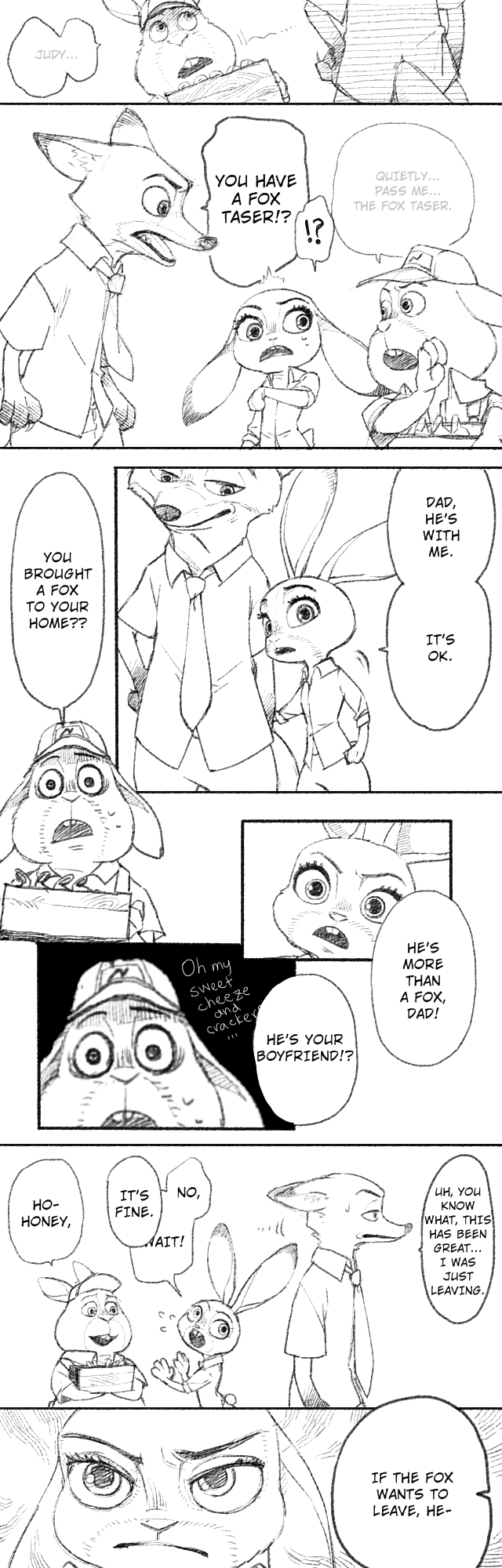 ! ... ? black_and_white bottomwear buckteeth canid canine clothed clothing comic dialogue disney edit english_text fox fully_clothed hard_translated hi_res holding_object judy_hopps lagomorph leporid mammal monochrome nammy necktie nick_wilde open_mouth pants rabbit red_fox shirt speech_bubble stu_hopps teeth text topwear translated zootopia