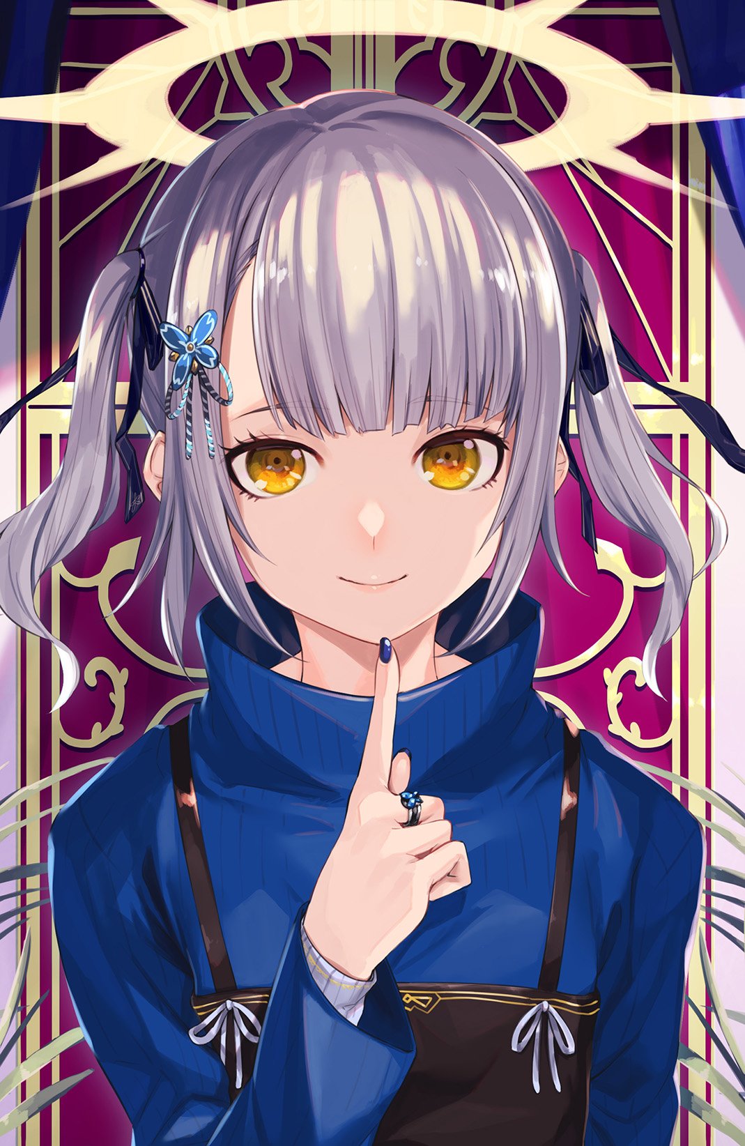1girl akanagi_youto bangs black_ribbon blue_nails blue_ribbon blue_sweater blunt_bangs closed_mouth commentary_request eyebrows_visible_through_hair fingernails hair_ribbon halo high_collar highres index_finger_raised jewelry long_sleeves looking_at_viewer nail_polish orange_eyes original ribbon ring short_hair short_twintails sidelocks smile solo sweater twintails upper_body white_ribbon