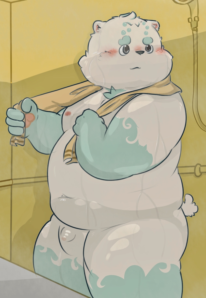 2019 anthro belly blush fur humanoid_hands male mammal moobs navel nipples overweight overweight_male penis solo towel ursid wet white_body white_fur young 熊团沫沫
