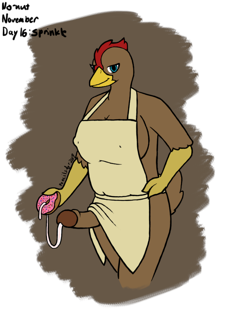 apron avian bird blue_eyes bodily_fluids breasts chicken clothed clothing cum cum_on_food digital_media_(artwork) doughnut food food_play galliform gallus_(genus) genital_fluids gynomorph intersex looking_at_viewer mostly_nude non-mammal_breasts overweight pencilsdgr penis phasianid simple_background smile solo