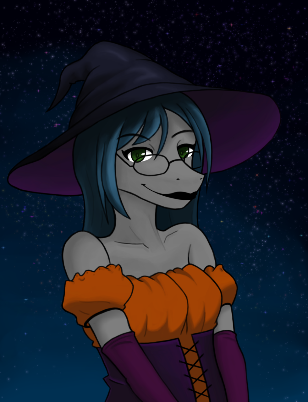 anthro blue_hair breasts clothed clothing corset dress eyewear female fish glasses green_eyes grey_body grey_skin hair halloween hat headgear headwear hi_res holidays lingerie lipstick loli_with_autism looking_at_viewer makeup mammal marine night night_sky shark sky small_breasts smile solo standing star witch_hat