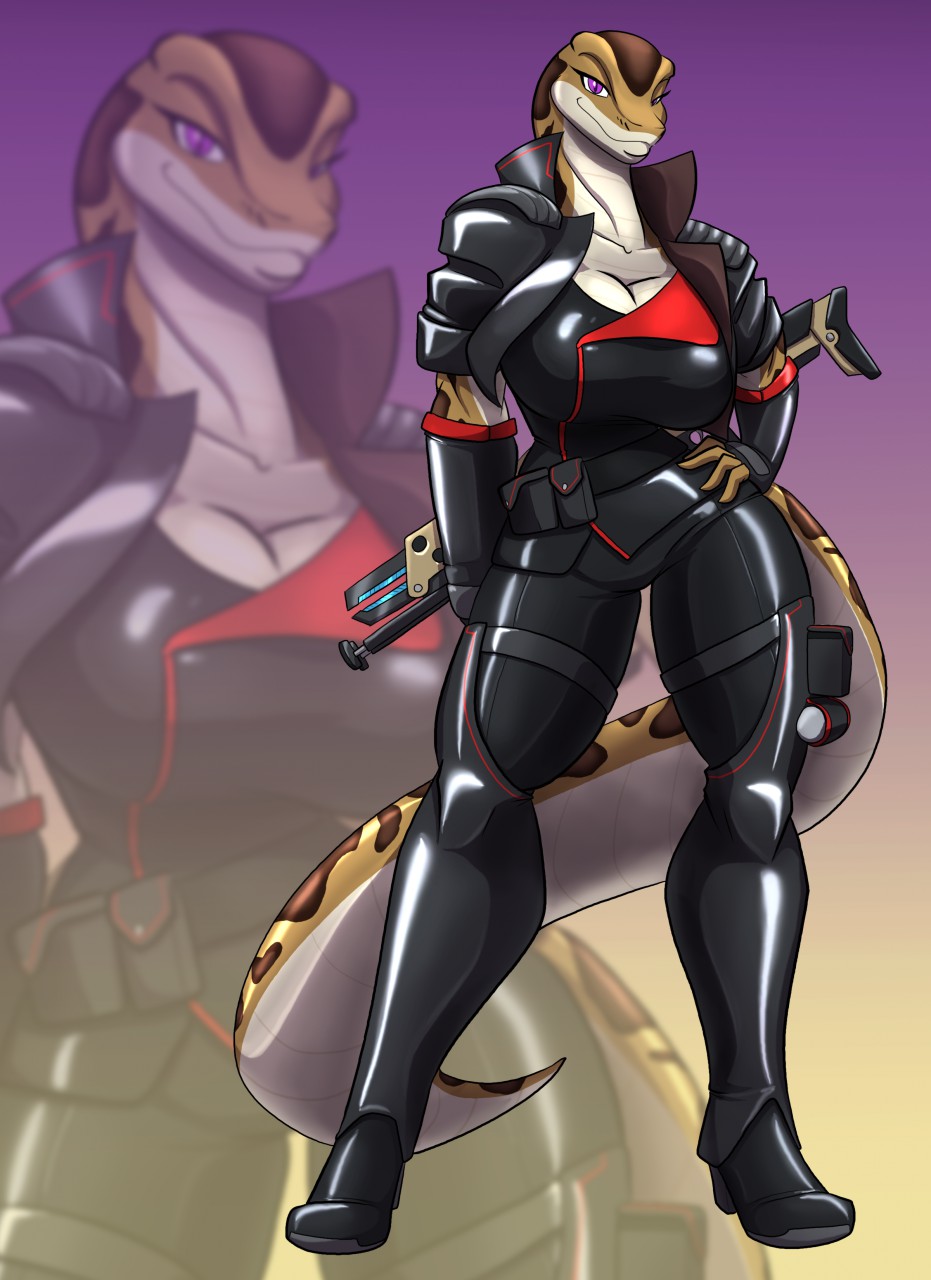 boa_(snake) boa_constrictor boinae breasts cleavage clothed clothing footwear hi_res high_heels leather purple_eyes reptile rubber scalie science_fiction shoes slit_pupils snake toughset weapon wide_hips