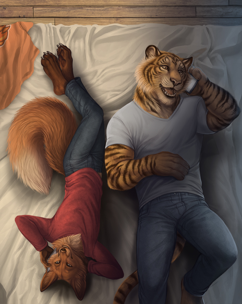 2019 4_toes 5_fingers anthro barefoot bed black_stripes brown-fur canid canine clothed clothing digital_media_(artwork) duo felid fingers fox fur furniture lying male mammal on_back on_bed open_mouth pantherine rukis smile striped_body striped_fur stripes teeth tiger toes tongue