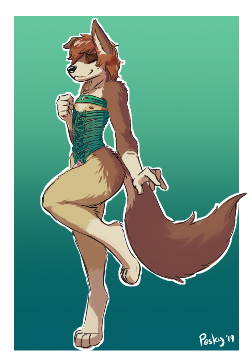 2019 alex_(usefulspoon) anthro canid canine canis chastity_cage chastity_device clothing corset domestic_dog eyes_closed lingerie male mammal nude penis peskybatfish rope simple_background solo standing