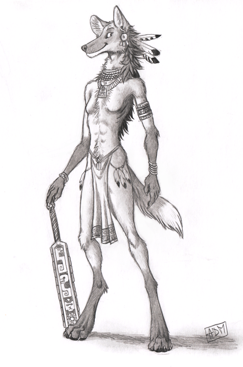 0laffson 2019 4_toes 5_fingers anthro barefoot breasts canid canine canis clothing coyote digitigrade featureless_breasts fingers hi_res loincloth mammal simple_background smile solo toes traditional_media_(artwork) white_background