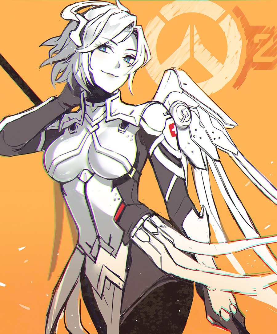 1girl alternate_costume blue_eyes bodysuit breasts chromatic_aberration cowboy_shot eyebrows_visible_through_hair eyelashes faulds hand_behind_head holding holding_staff insignia lino_chang logo looking_at_viewer looking_to_the_side mechanical_halo mechanical_wings medium_breasts mercy_(overwatch) multiple_monochrome orange_background overwatch overwatch_2 pelvic_curtain short_hair sketch smile solo staff swiss_flag white_bodysuit wings