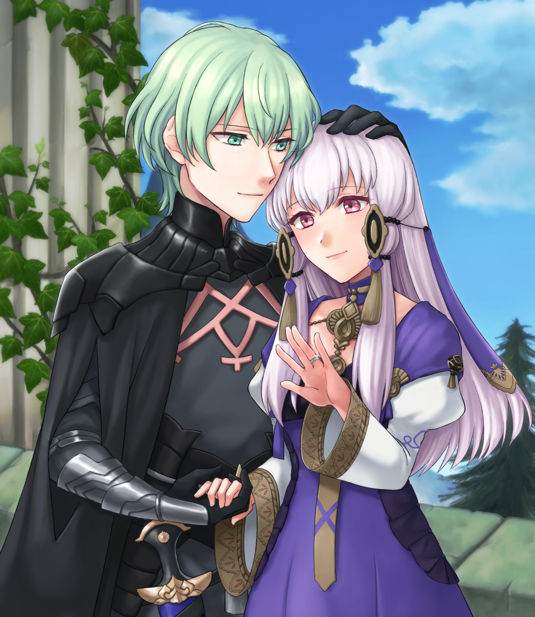 1boy 1girl armor black_armor black_gloves blue_sky byleth_(fire_emblem) byleth_(fire_emblem)_(male) closed_mouth cloud couple dagger day dress fire_emblem fire_emblem:_three_houses gloves green_eyes green_hair hair_ornament hand_on_another's_head hazuki_(nyorosuke) highres holding_hands jewelry long_hair long_sleeves lysithea_von_ordelia outdoors pink_eyes ring sheath sheathed short_hair sky smile weapon white_hair