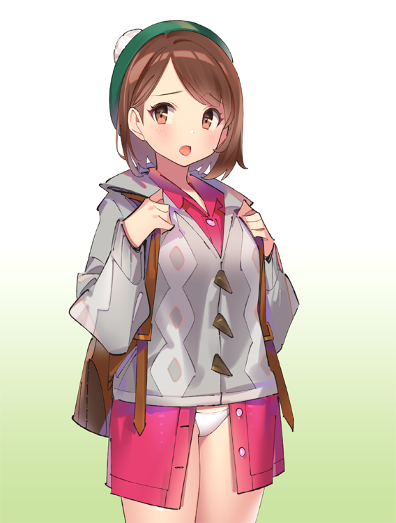 1girl :o backpack bag brown_eyes brown_hair buttons collared_shirt commentary_request cowboy_shot dress_shirt female_protagonist_(pokemon_swsh) gradient gradient_background green_headwear grey_jacket jacket long_sleeves looking_at_viewer no_pants open_mouth panties pokemon pokemon_(game) pokemon_swsh pop_kyun red_shirt shirt short_hair solo standing tam_o'_shanter underwear white_panties