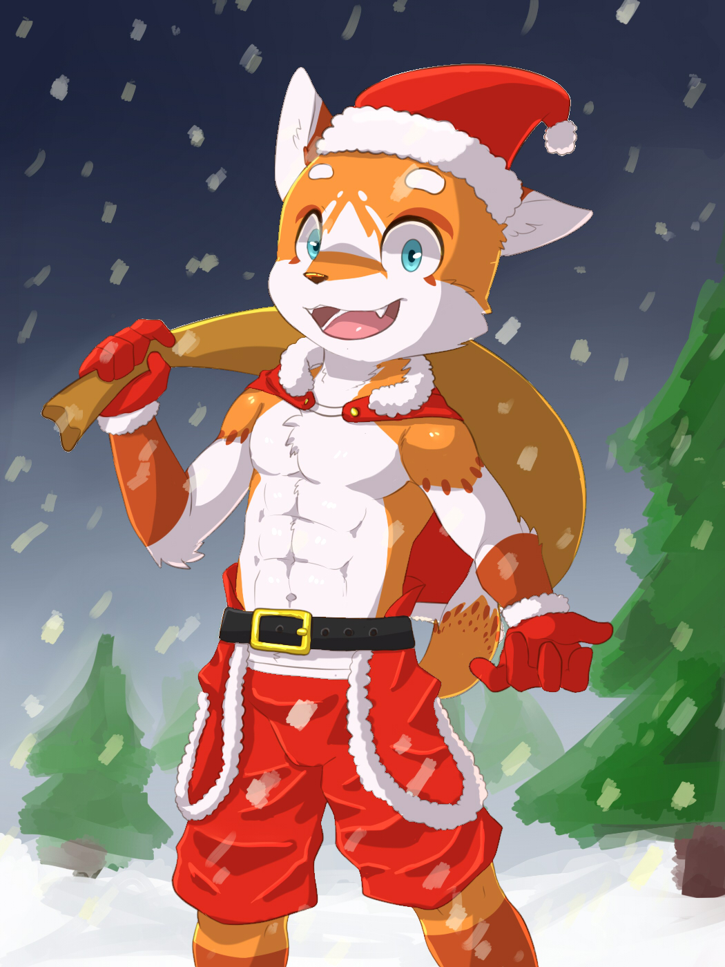 abs canid canine christmas clothed clothing fox hat headgear headwear hi_res holidays male mammal muscular muscular_male pecs santa_hat sharparadise snow solo topless young