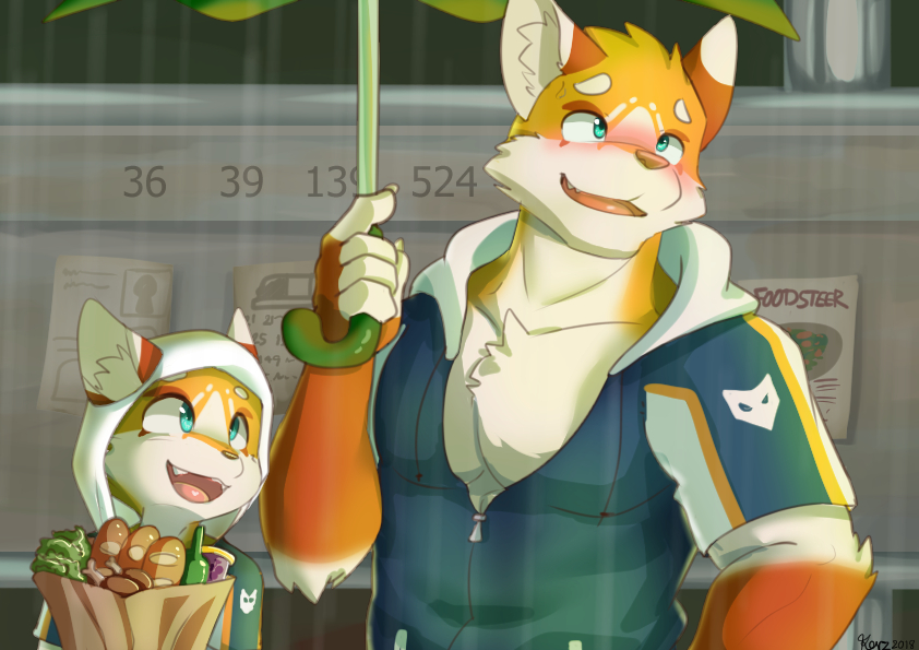 blush bread canid canine duo food fox male mammal pecs sharparadise shopping_bag smile umbrella young