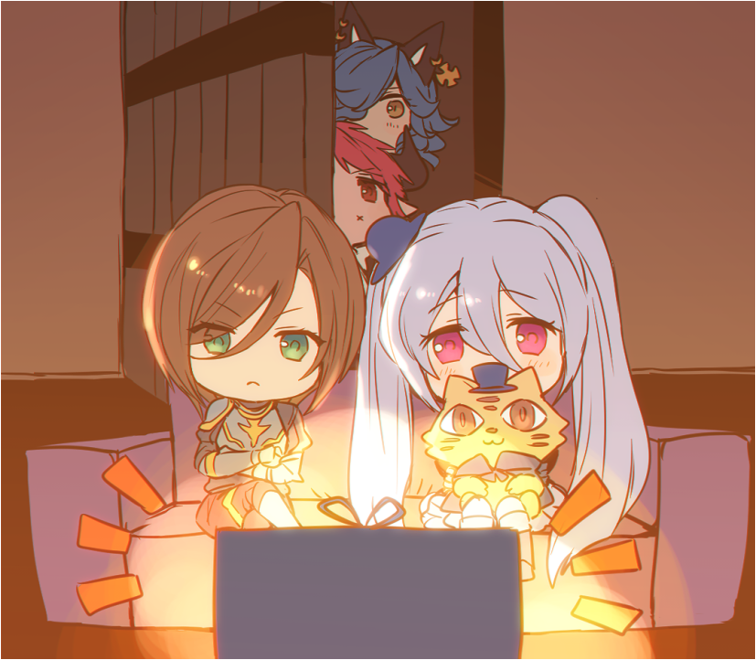 1boy 3girls :x animal_ears apollonia_vaar armor bangs black_headwear blue_hair breastplate brown_eyes brown_hair chibi closed_mouth couch cow_ears cow_horns cross cross_earrings crossed_legs door drang_(granblue_fantasy) draph earrings eno_yukimi erune eyebrows_visible_through_hair eyes_visible_through_hair granblue_fantasy green_eyes grey_hair hair_between_eyes hat horns indoors jewelry long_hair looking_at_another looking_up mini_hat multiple_girls orchis peeping pink_eyes red_eyes red_hair short_hair sidelocks sitting stuffed_animal stuffed_cat stuffed_toy sturm_(granblue_fantasy) swept_bangs television twintails v-shaped_eyebrows very_long_hair wavy_hair