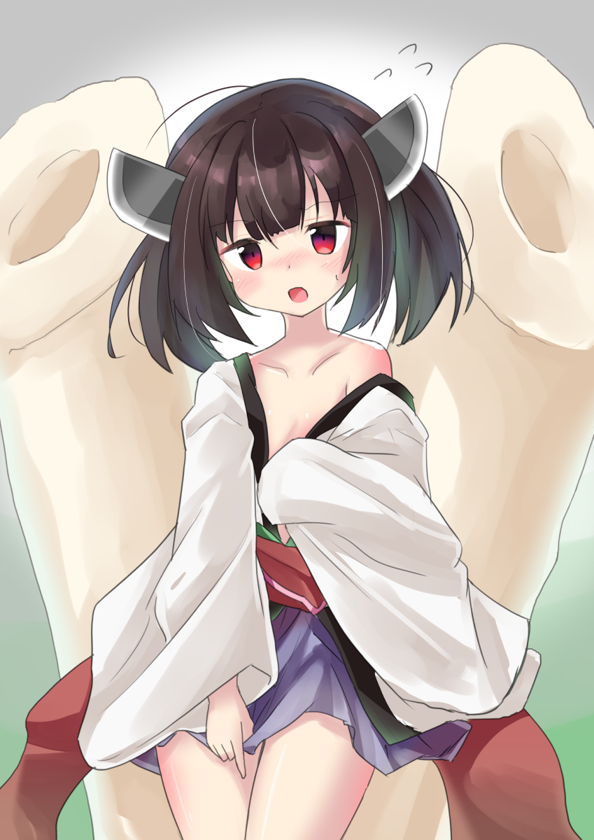 1girl bangs bare_shoulders blush brown_hair collarbone commentary_request eyebrows_visible_through_hair flying_sweatdrops headgear highres japanese_clothes kimono long_sleeves looking_at_viewer off_shoulder open_clothes open_kimono open_mouth pleated_skirt purple_skirt red_eyes ryogo skirt skirt_tug solo sweat touhoku_kiritan voiceroid white_kimono wide_sleeves