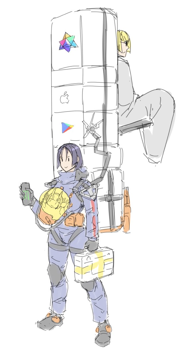 &gt;:) :| apple_inc. can carrying closed_mouth crossover death_stranding delivery energy_drink eu03 google highres logo minamoto_no_raikou_(fate/grand_order) monster_energy package saint_quartz sakata_kintoki_(fate/grand_order) shuten_douji_(fate/grand_order) smile sunglasses