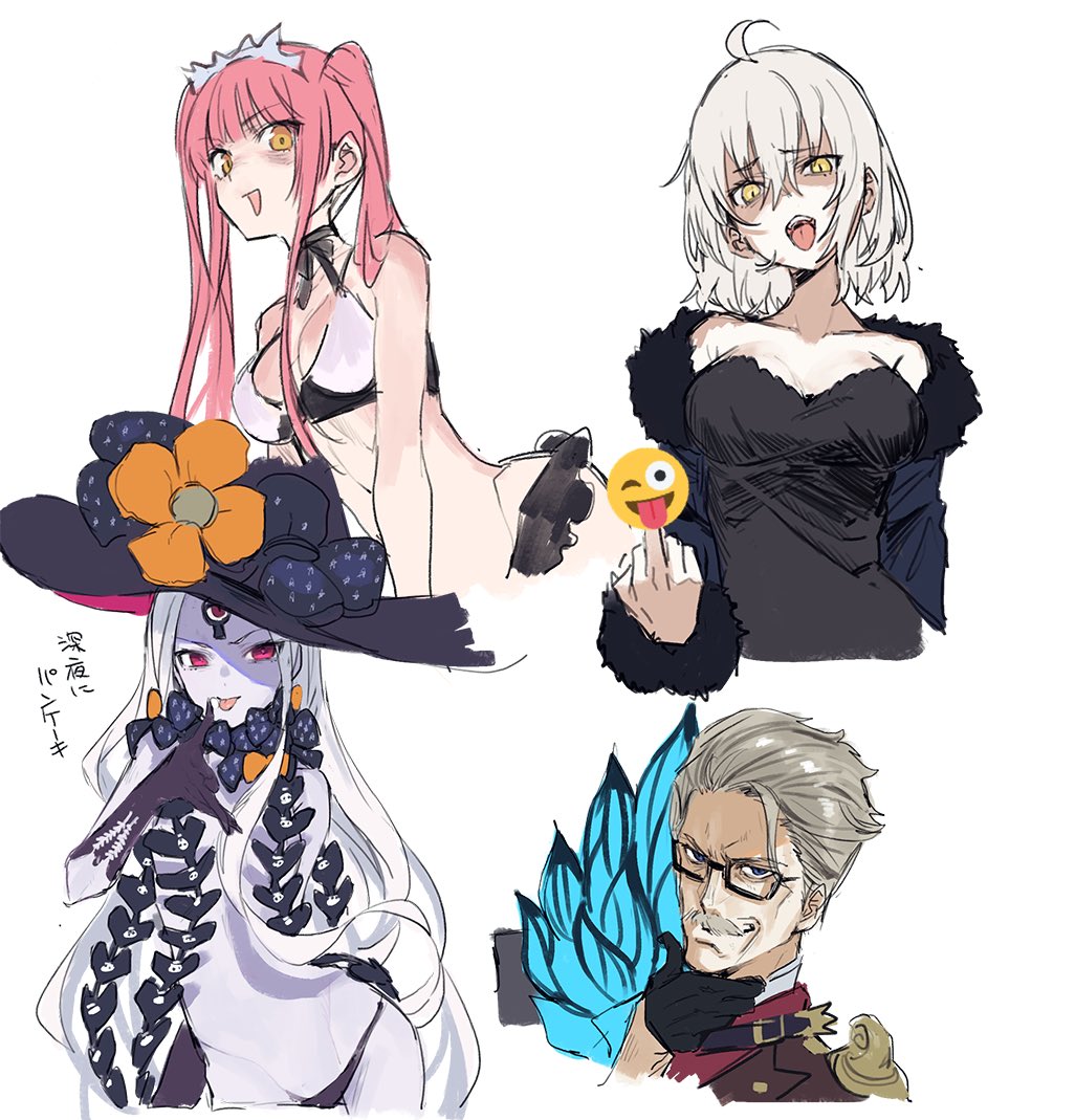 1boy 3girls abigail_williams_(fate/grand_order) ahoge bangs bikini black-framed_eyewear black_bow black_dress black_gloves black_headwear black_panties blue_eyes blue_jacket bow breasts brown_coat closed_mouth coat collarbone dress emoji_censor facial_hair fate/grand_order fate_(series) forehead formal fur-trimmed_jacket fur_trim glasses gloves grey_hair hand_on_own_chin hat jacket james_moriarty_(fate/grand_order) jeanne_d'arc_(alter)_(fate) jeanne_d'arc_(fate)_(all) keyhole large_breasts long_hair long_sleeves looking_at_viewer medb_(fate)_(all) medb_(swimsuit_saber)_(fate) medium_breasts middle_finger multiple_bows multiple_girls mustache navel off_shoulder open_clothes open_jacket open_mouth orange_bow panties parted_bangs pink_hair red_eyes shaded_face short_hair sidelocks silver_hair simple_background small_breasts smile suit swimsuit teshima_nari third_eye tiara tongue tongue_out twintails underwear white_background white_bikini white_hair white_skin wicked_dragon_witch_ver._shinjuku_1999 witch_hat yellow_eyes