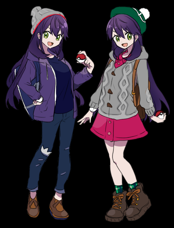 1girl :d alternate_color backpack bag bangs beanie black_background blue_pants blush boots brown_footwear cardigan collared_dress commentary_request cosplay drawstring dress eyebrows_visible_through_hair female_protagonist_(pokemon_swsh) female_protagonist_(pokemon_swsh)_(cosplay) genderswap genderswap_(mtf) green_eyes green_headwear green_legwear grey_cardigan grey_headwear hair_between_eyes hat holding holding_poke_ball hood hood_down hooded_cardigan hooded_jacket jacket kenmochi_touya long_hair long_sleeves male_protagonist_(pokemon_swsh) male_protagonist_(pokemon_swsh)_(cosplay) multiple_views nijisanji open_clothes open_jacket open_mouth pants pink_dress plaid plaid_legwear poke_ball poke_ball_(generic) pokemon pokemon_(game) pokemon_swsh purple_hair purple_jacket purple_shirt shirt simple_background smile socks tam_o'_shanter v-shaped_eyebrows very_long_hair virtual_youtuber yamabukiiro