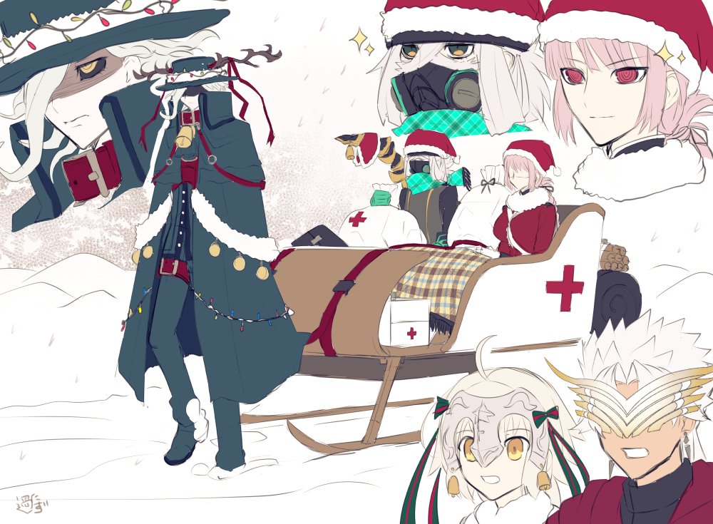 ahoge amakusa_shirou_(fate) antlers asclepius_(fate/grand_order) ayamatazu bell bell_collar christmas cloak collar dynamite edmond_dantes_(fate/grand_order) fate/grand_order fate_(series) first_aid_kit florence_nightingale_(fate/grand_order) gas_mask gloves hat jeanne_d'arc_(fate)_(all) jeanne_d'arc_alter_santa_lily mask sack santa_hat scarf shaded_face sled smile snow