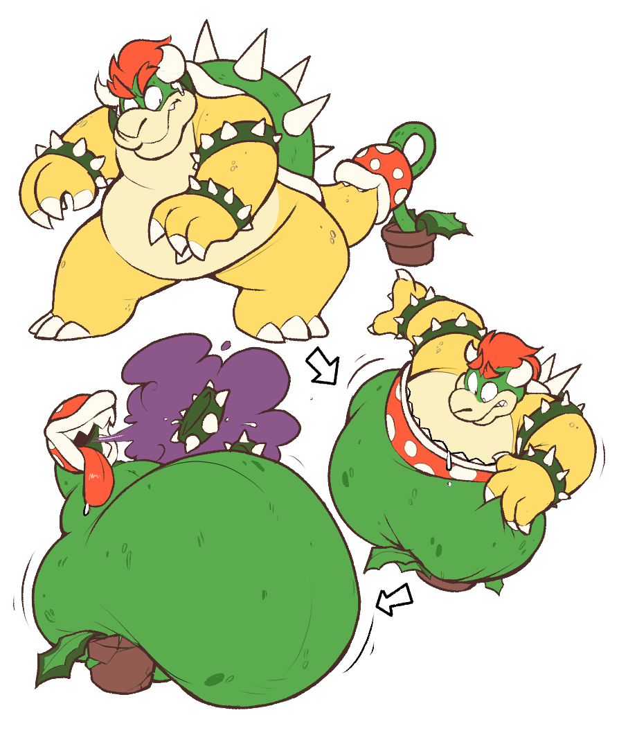 2019 belly big_belly bootfromtv bowser duo flora_fauna hyper hyper_belly koopa mario_bros nintendo open_mouth piranha_plant plant plant_vore scalie sequence sharp_teeth simple_background size_difference super_smash_bros. super_smash_bros._ultimate teeth tongue tongue_out video_games vore white_background