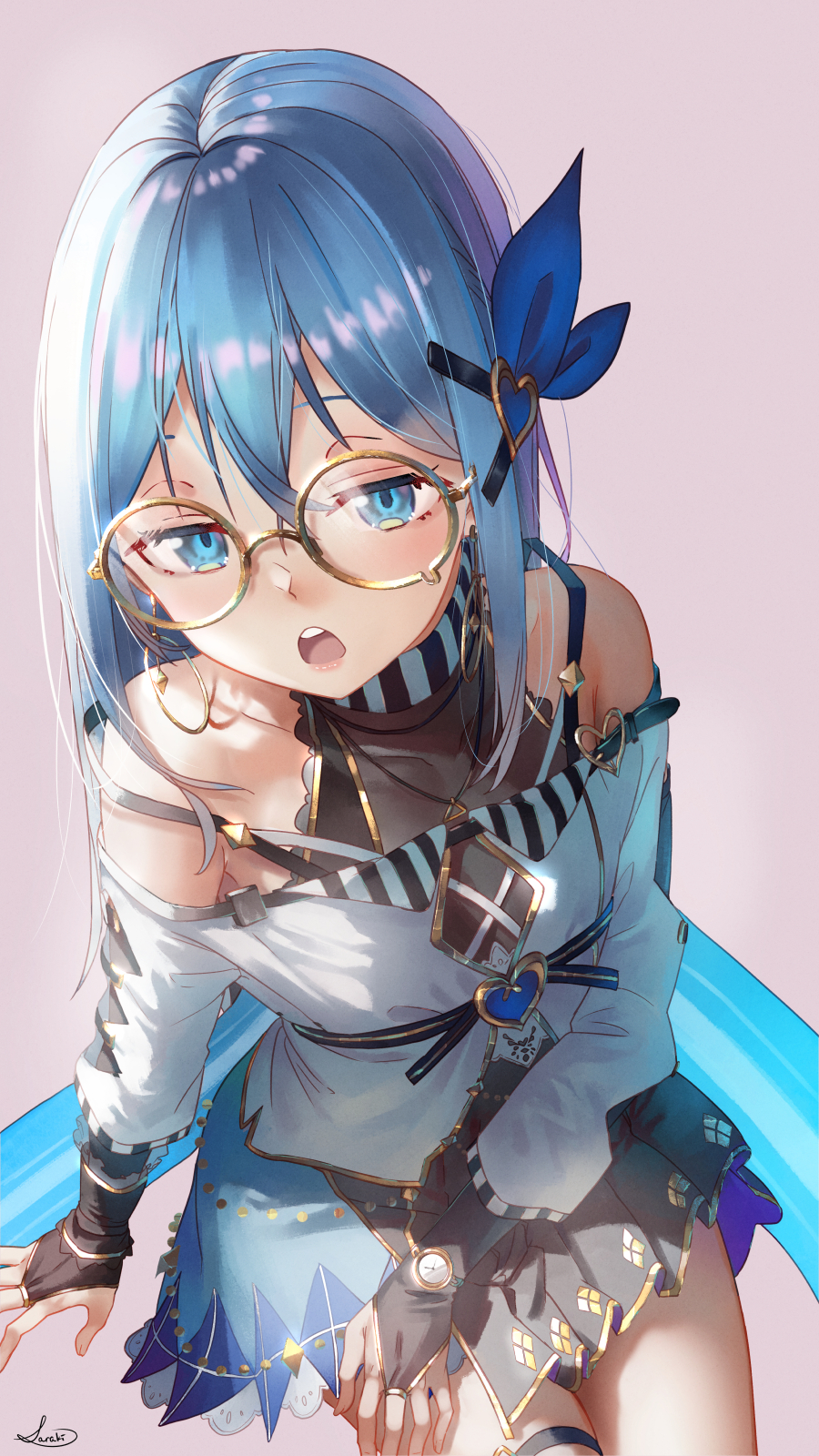 1girl asymmetrical_legwear beret blue_eyes blue_hair blue_nails blue_ribbon blush bow dress fantasy frilled_dress frills glasses hair_ornament hat hat_bow heart heart_hair_ornament highres lee_(saraki) long_hair original ribbon saraki white_headwear