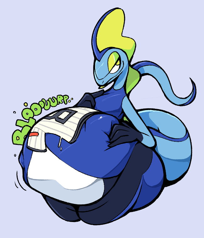 2019 anthro belly big_belly blue_body blue_skin bootfromtv clothing inteleon nintendo pok&eacute;mon pok&eacute;mon_(species) shirt simple_background topwear video_games vore