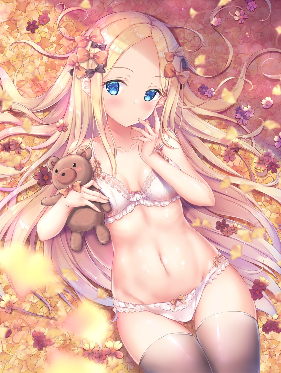1girl abigail_williams_(fate/grand_order) ass_visible_through_thighs autumn_leaves bangs bare_shoulders black_bow black_legwear blonde_hair blue_eyes blush blush_stickers bow bow_bra bow_panties bra breasts cleavage collarbone eyebrows_visible_through_hair falling_leaves fate/grand_order fate_(series) flower forehead frilled_bra frilled_panties frills from_above hair_bow hand_on_own_face head_tilt highres holding_stuffed_toy leaf long_hair looking_at_viewer lying motion_blur navel no_hat no_headwear on_back on_ground orange_bow panties parted_bangs pink_flower purple_flower sidelocks small_breasts solo stomach strap_slip stuffed_animal stuffed_toy teddy_bear thigh_gap thighhighs underwear underwear_only very_long_hair white_bra white_panties yuriko
