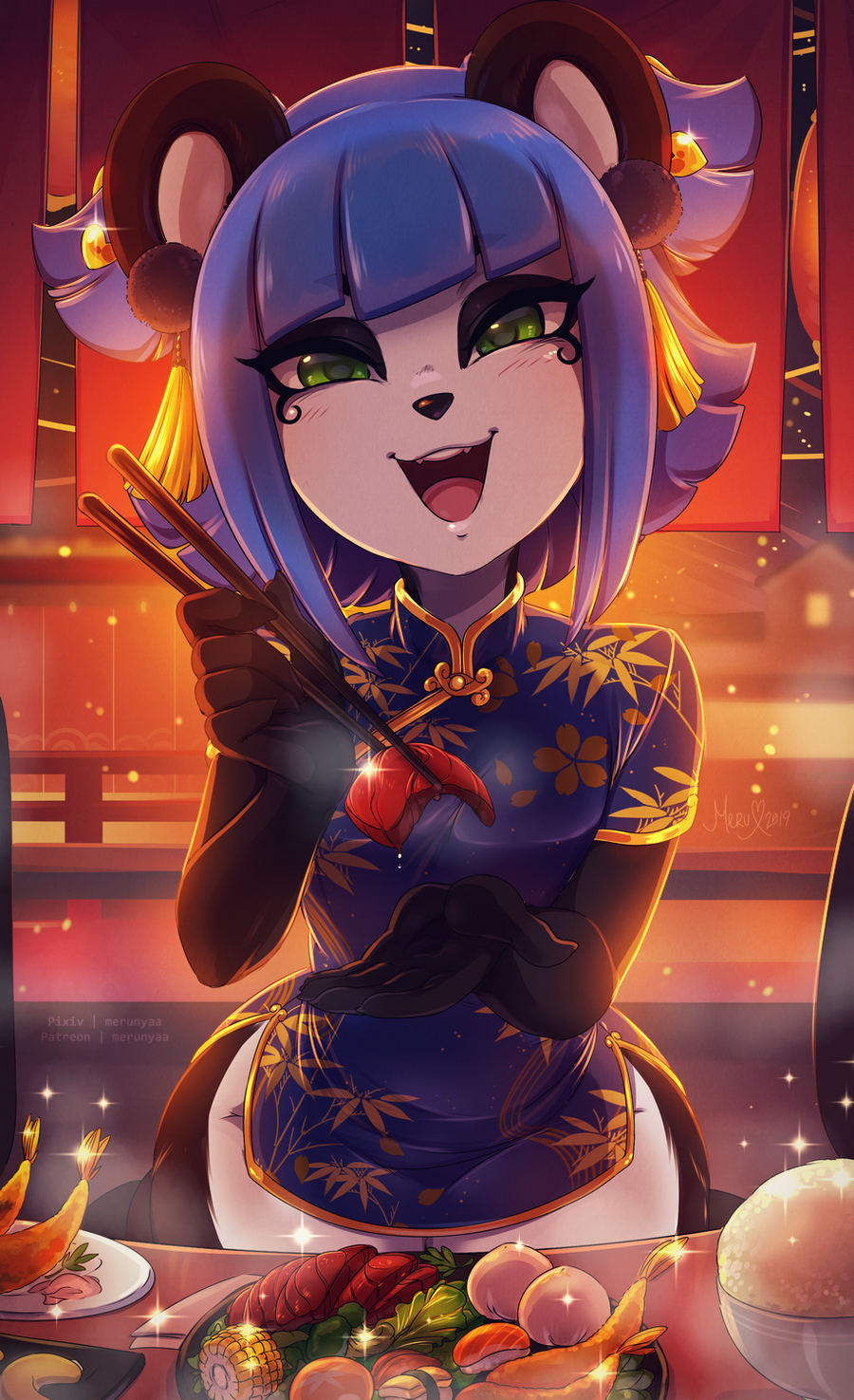 1girl 2d_dating :d animal_ears bangs black_fur blue_dress blue_hair blunt_bangs china_dress chinese_clothes chopsticks dress eyeliner eyeshadow fangs feeding flat_chest food furry green_eyes head_tilt headdress highres legs_together looking_at_viewer makeup merunyaa no_panties open_mouth original panda_ears panda_girl pov_feeding sashimi short_dress short_hair side_slit smile solo two-tone_fur white_fur