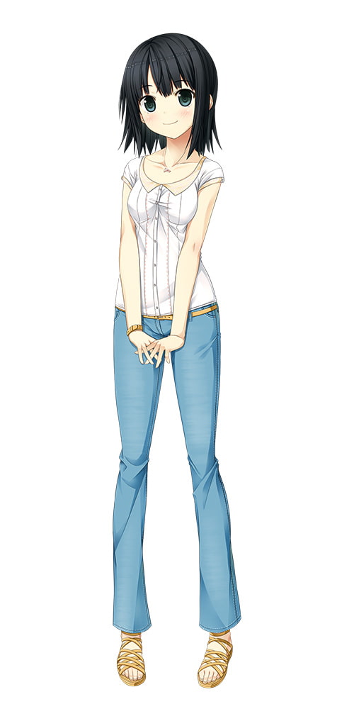 1girl arishima_alice belt black_hair blue_eyes blush breasts cura denim full_body looking_at_viewer monobeno sandals shirt short_hair short_sleeves simple_background small_breasts smile solo standing white_background white_shirt wristband