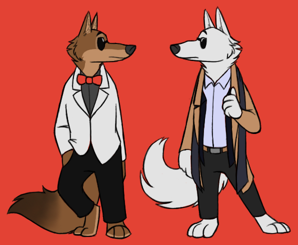 anthro barefoot black_nose bottomwear bow_tie brown_body brown_fur canid canine canis clothed clothing disney duo eyewear fluffy fluffy_tail fully_clothed fur gary_(zootopia) larry_(zootopia) looking_at_another mammal pants shirt skunkbutt_(artist) standing suit sunglasses topwear white_body white_fur wolf zootopia
